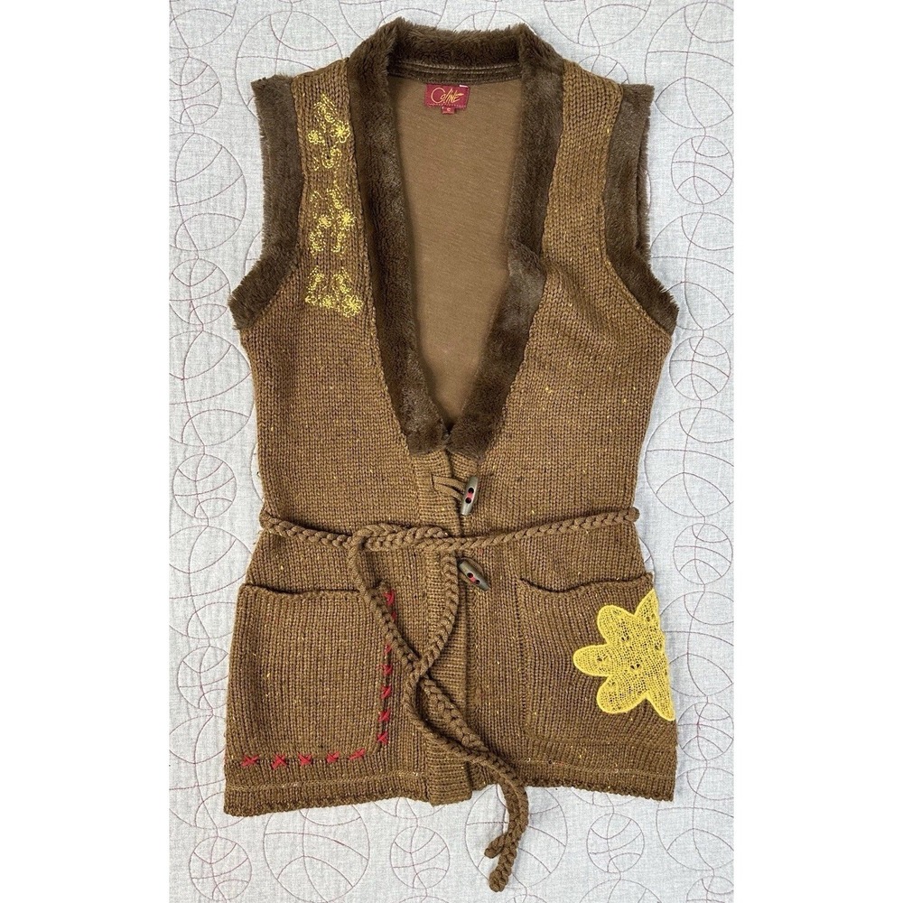 VTG‎ Y2K Coline Floral Embroidered Faux Fur Trim Belted Knit Cardigan / Small